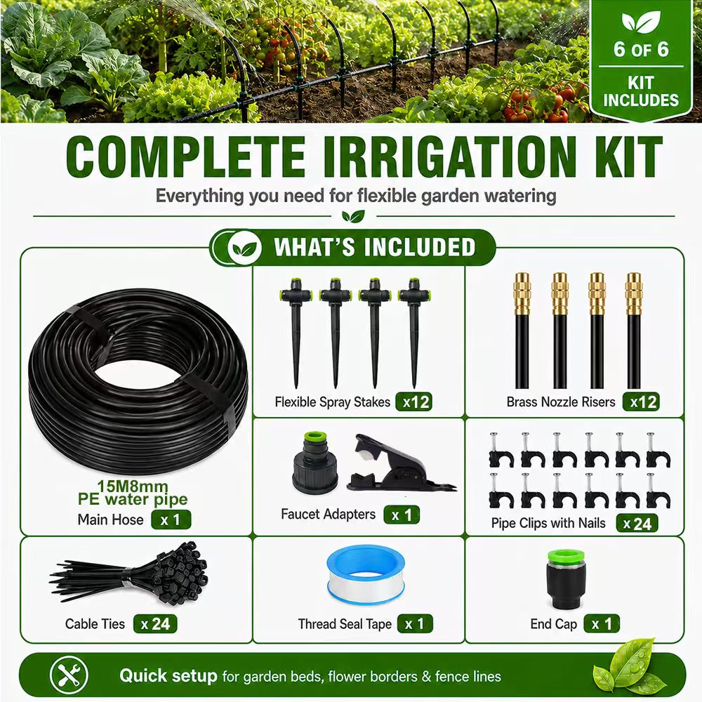 Complete 5M Brass Nozzle Drip Irrigation Kit for Raised Beds & Garden Borders – Quick Setup, Flexible Spray Stakes, Leak-Proof PE Tubing System