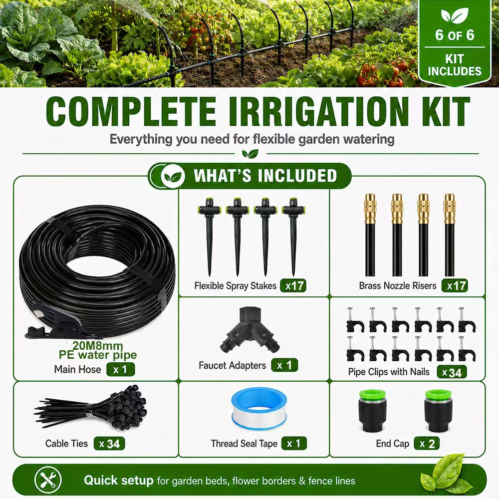 Complete 5M Brass Nozzle Drip Irrigation Kit for Raised Beds & Garden Borders – Quick Setup, Flexible Spray Stakes, Leak-Proof PE Tubing System